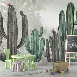 Carta da parati Desert Cacti / Carta da parati astratta / Carta da parati verde / Carta da parati adesiva / Carta da parati staccabile e adesiva / Rimovibile / Decorazione da parete