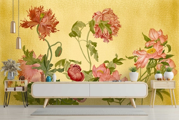 Peony and Poppies Wallpaper / Chinoiserie Floral Peel and Stick Wallpaper / Vintage Wallpaper / Wall Decoration / Flowers Wall Mural