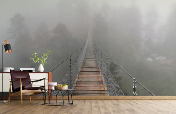 Suspension Bridge in Mountain Wallpaper / Nature Wallpaper / Landscape Wallpaper / Adhesive Wallpaper / Peel & Stick Wallpaper / Removable