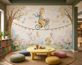 Sprookjesbehang met giraffen op fietsen voor de babykamer