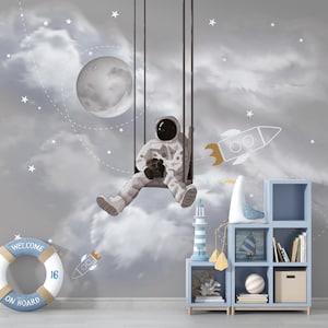 Carta da parati Giovane Astronauta / Carta da parati Luna / Carta da parati Cielo / Carta da parati Grigia / Carta da parati Peel & Stick / Rimovibile