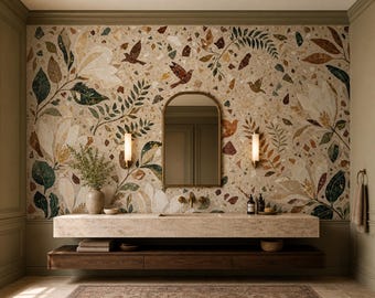 Magnoliabehang voor een slaapkamer in een huurwoning met vogels en terrazzo.