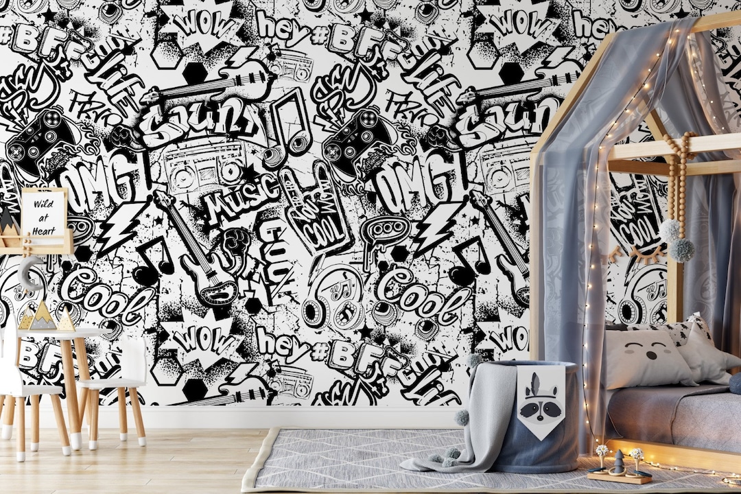 Black White Music Themed Graffiti Peel and Stick Wallpaper / Pop Art  Wallpaper / Wallpaper for Young Room / Funny Wallpaper 