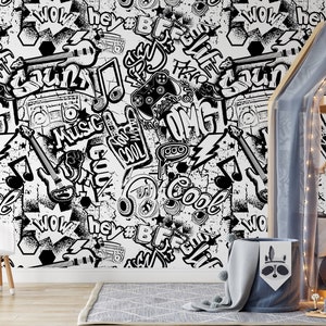 May include: Black and white graphic wallpaper with a music theme. The wallpaper features words like "cool", "music", "OMG", and "the sound".