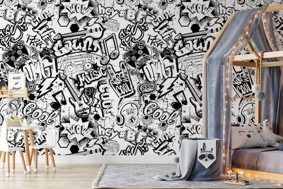 Black White Music Themed Graffiti Peel and Stick Wallpaper / - Etsy