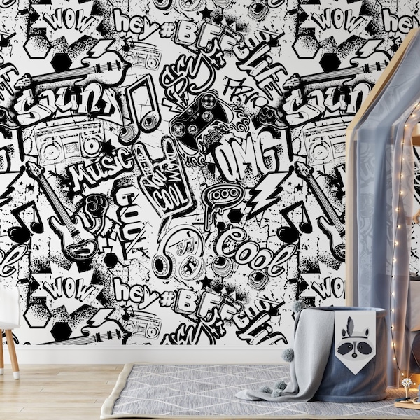 Black White Music Themed Graffiti Peel and Stick Wallpaper / Pop Art Wallpaper / Wallpaper for Young Room / Funny Wallpaper