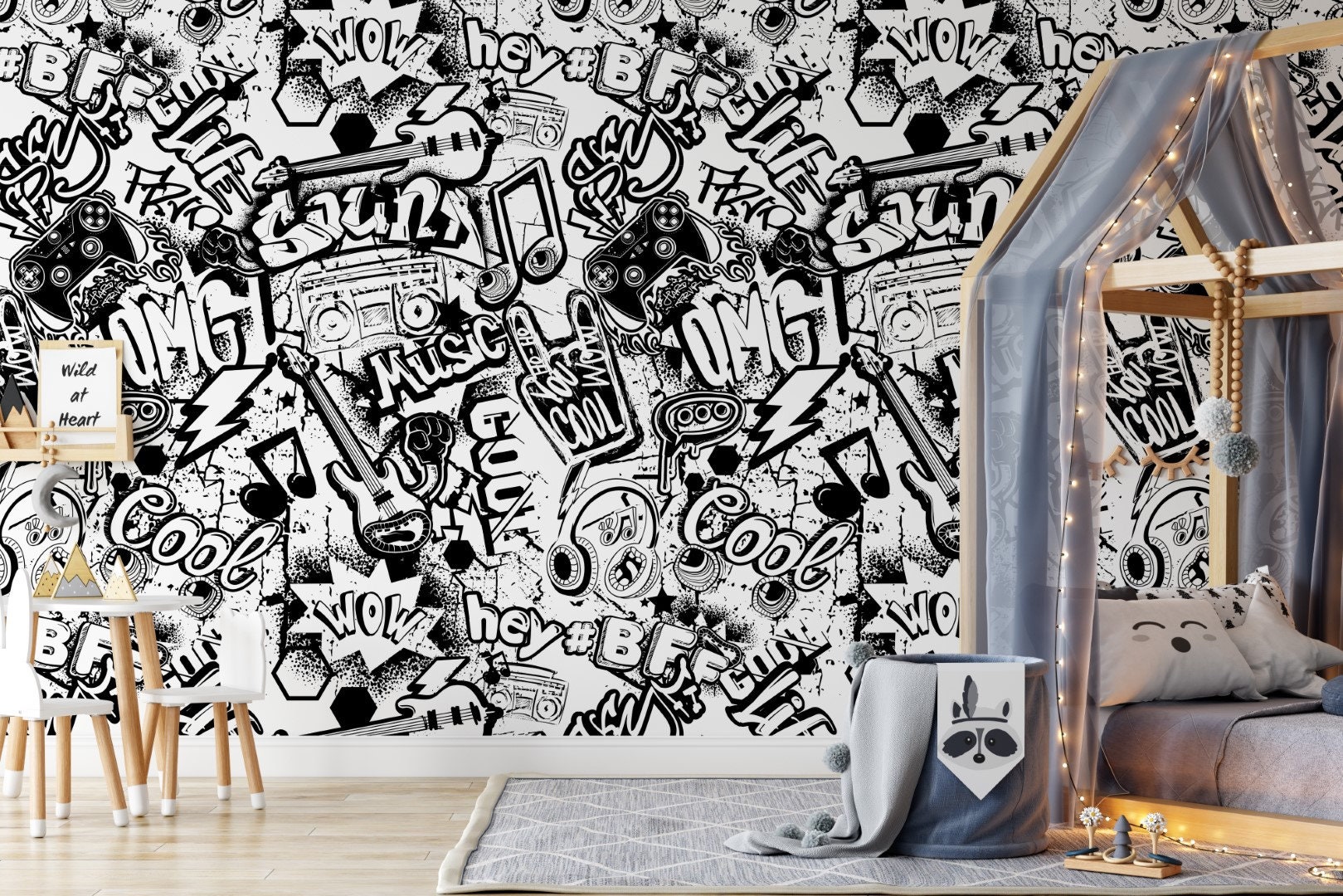 Black White Music Themed Graffiti Peel and Stick Wallpaper / - Etsy Black White Music Themed Graffiti Peel and Stick Wallpaper / - Etsy