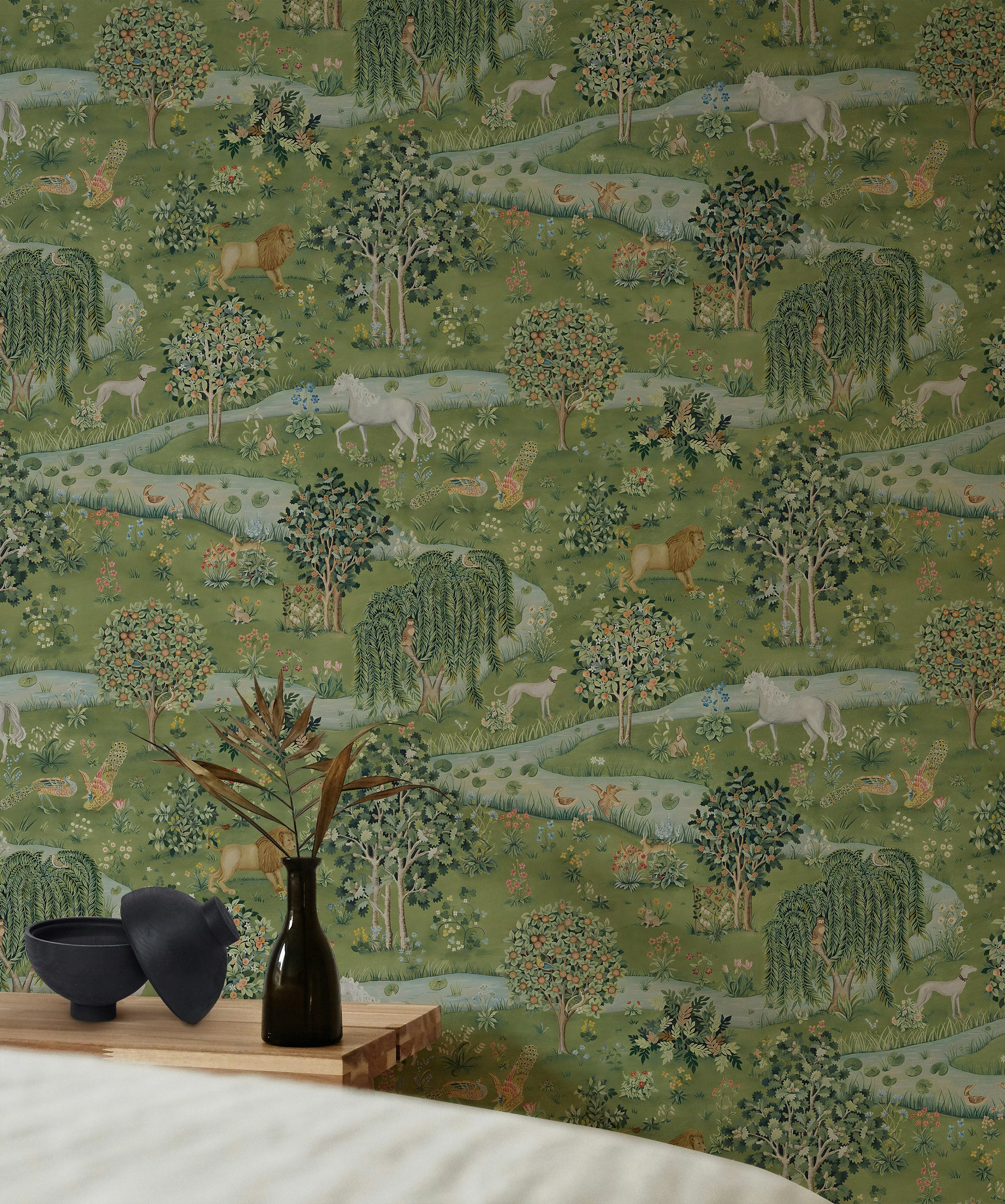 William Morris Owl & Willow Wallpaper - Unicorns, Lions, Forest Scenes, Modern Tapestry Design Mural