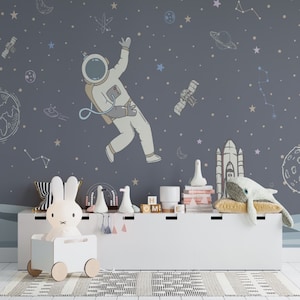 Carta da parati con astronauti, astronavi, pianeti e stelle / Carta da parati divertente da staccare e attaccare / Carta da parati per la camera dei bambini / Carta da parati rimovibile