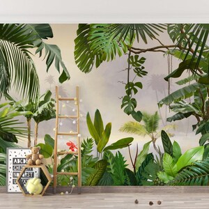 May include: A tropical jungle mural featuring lush green foliage, palm trees, and a wooden ladder with white lights. The mural is set against a light beige background.