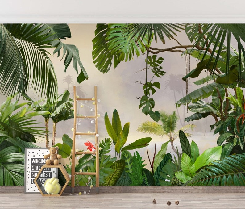 May include: A tropical jungle mural featuring lush green foliage, palm trees, and a wooden ladder with white lights. The mural is set against a light beige background.