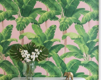 Papier peint tropical, feuilles de bananier, amovibles, rose, double rouleau
