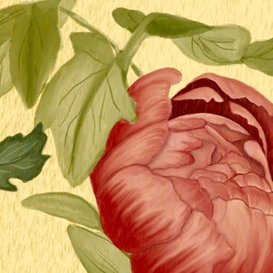 May include: A close-up of a red peony flower with green leaves. The flower is in full bloom and has a soft, velvety texture.