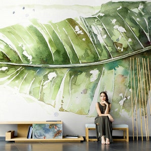 Watercolor Banana Palm Leaf Tropical Jungle Modern Floral Wallpaper Self Adhesive Peel and Stick Wall Sticker Wall Decoration Removable