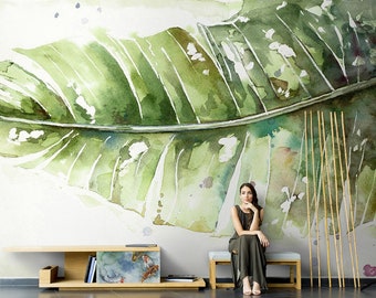 Watercolor Banana Palm Leaf Tropical Jungle Modern Floral Wallpaper Self Adhesive Peel and Stick Wall Sticker Wall Decoration Removable