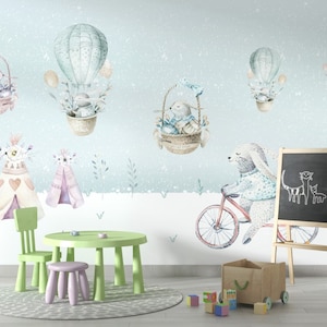 Winter Landscape Wallpaper / Rabbits Wallpaper / Snow Wallpaper / Animal Wallpaper / Peel & Stick Wallpaper / Wallpaper for Kids Room