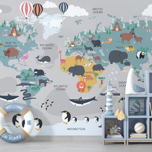Weltkarte Wallpaper / Tiere Wallpaper / Graue Tapete / Tapete für Kinderzimmer / Abnehmbare Tapete