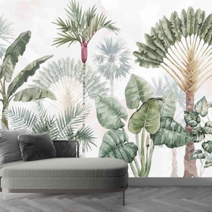 Palm Tree Wallpaper Watercolor Peel and Stick Green Wall Mural Tropical Wall Art