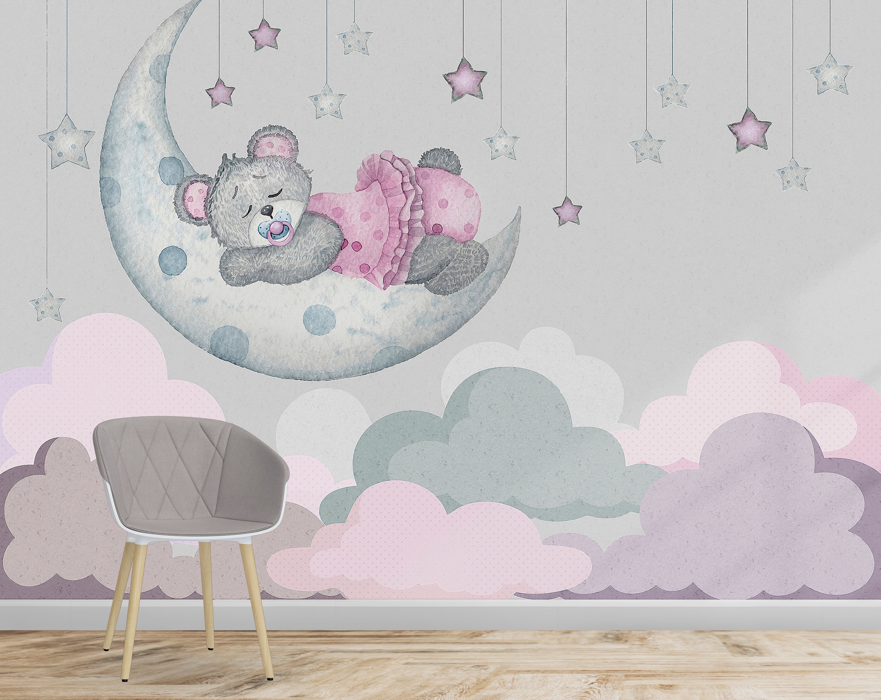Clouds Wallpaper Moon Wall Mural Bear Peel and Stick Kids Room Wall Art ...