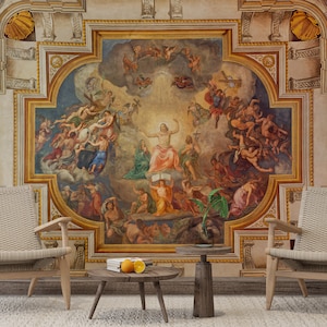 K&ouml;nnte beinhalten: Ein gro&szlig;es, detailliertes Gem&auml;lde einer religi&ouml;sen Szene mit Figuren in den Wolken und einer zentralen Figur, die ein Buch h&auml;lt. Das Gem&auml;lde befindet sich an einer Wand in einem Raum mit zwei St&uuml;hlen und einem Tisch.