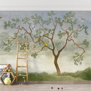Un albero su un paesaggio giapponese con uccelli blu volanti Carta da parati / Asilo nido per carta da parati / Carta da parati staccabile e adesiva / Carta da parati rimovibile