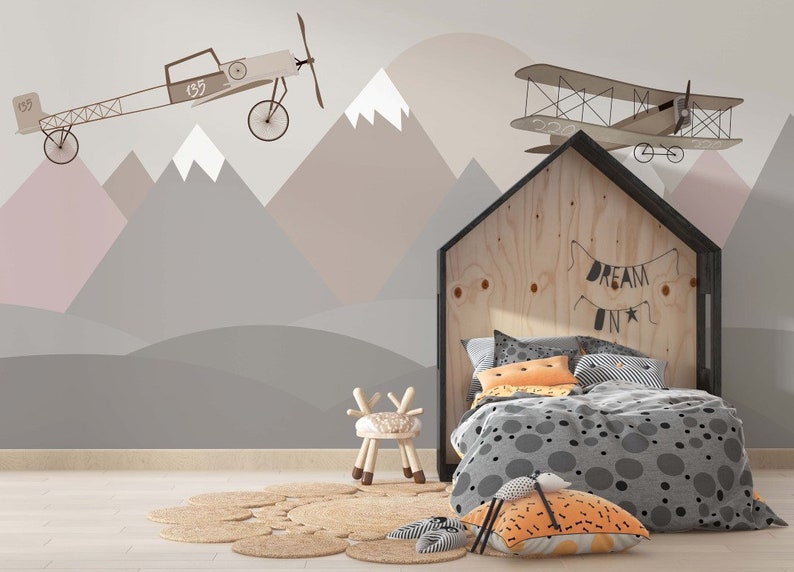 Snowy Mountains Wallpaper Airplane Wall Mural Kids Peel and Stick ...