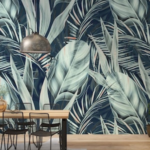 Carta da parati con foglie esotiche, foglie verdi, stacca e attacca, murale floreale, arte murale vegetale