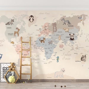 Weltkarte Tapete Kinder Wandbild Süße Tiere Hintergrund schälen und aufkleben