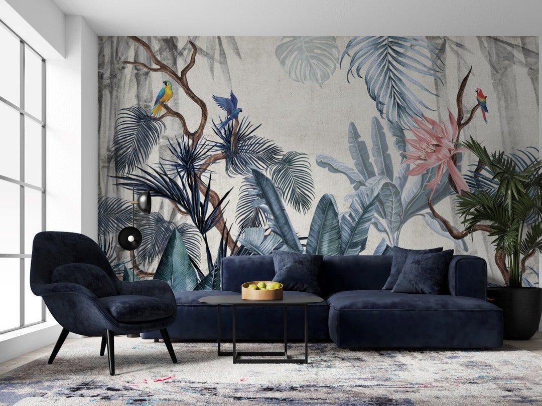 Blue Tropical Peel and Stick Wallpaper | Exotic Parrot Birds Removable ...