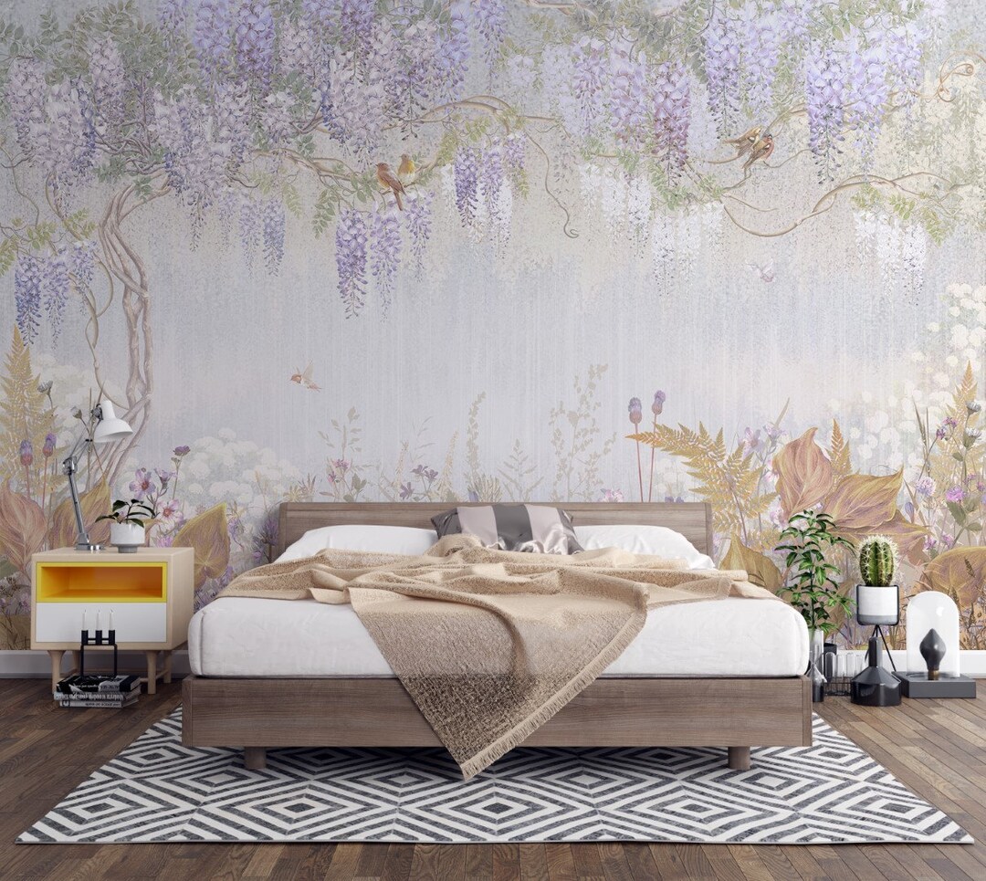 Floral Wallpaper Watercolor Wall Mural Lilac Flower Wall Art Botanical ...