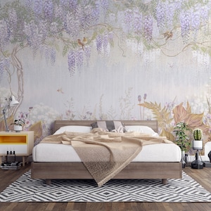 Floral Wallpaper Watercolor Wall Mural Lilac Flower Wall Art Botanical Garden Peel and Stick