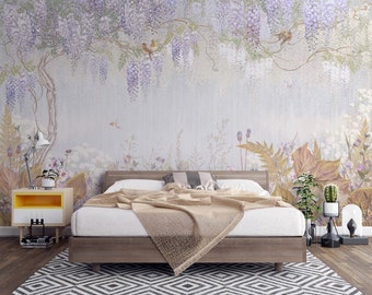 Floral Wallpaper Watercolor Wall Mural Lilac Flower Wall Art Botanical Garden Peel and Stick