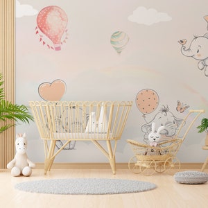 Flying Baby Elephants Wallpaper / Rainbow Wallpaper / Wallpaper for Kids Room / Peel and Stick Wallpaper / Removable / Nursery Wallpaper