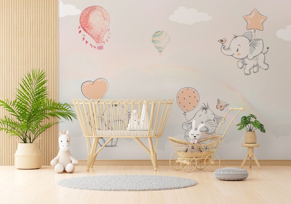 Flying Baby Elephants Wallpaper / Rainbow Wallpaper / Wallpaper for Kids Room / Peel and Stick Wallpaper / Removable / Nursery Wallpaper