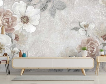 Vintage Rose  Wallpaper / Daisy Flower Wallpaper / Crackle Wall Wallpaper / Floral Wallpaper /  Peel & Stick Wallpaper / Removable