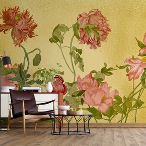 May include: A floral wallpaper mural featuring pink and red flowers on a yellow background. The wallpaper depicts a variety of flowers, including peonies and poppies. The flowers are shown in a realistic style, with intricate details and vibrant colours.
