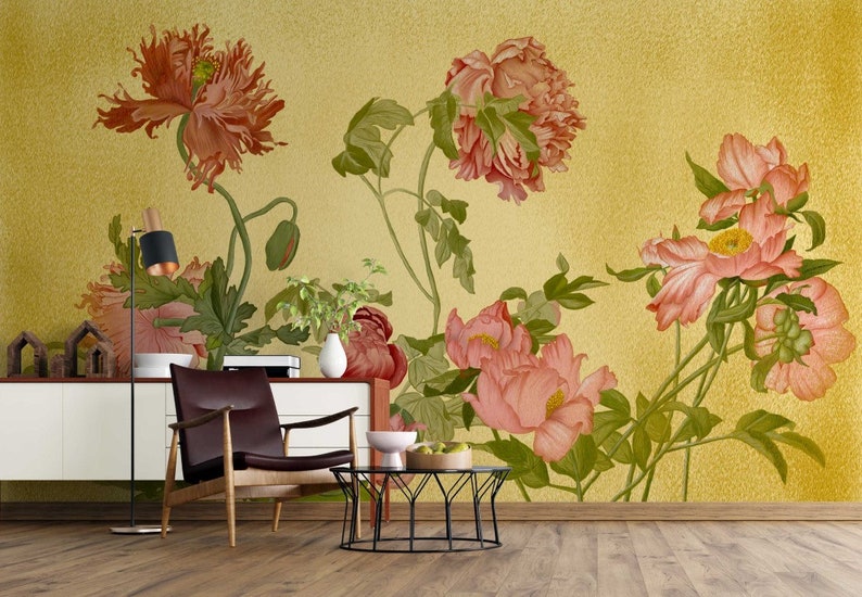 May include: A floral wallpaper mural featuring pink and red flowers on a yellow background. The wallpaper depicts a variety of flowers, including peonies and poppies. The flowers are shown in a realistic style, with intricate details and vibrant colours.