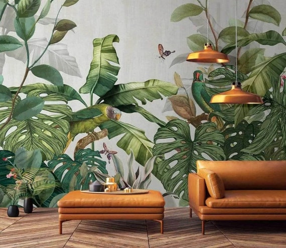 Green Parrot on Tropical Leaf Wallpaper / Green Leaves Wallpaper / Tropical Jungle Wallpaper /  Wallpaper / Removable Wallpaper