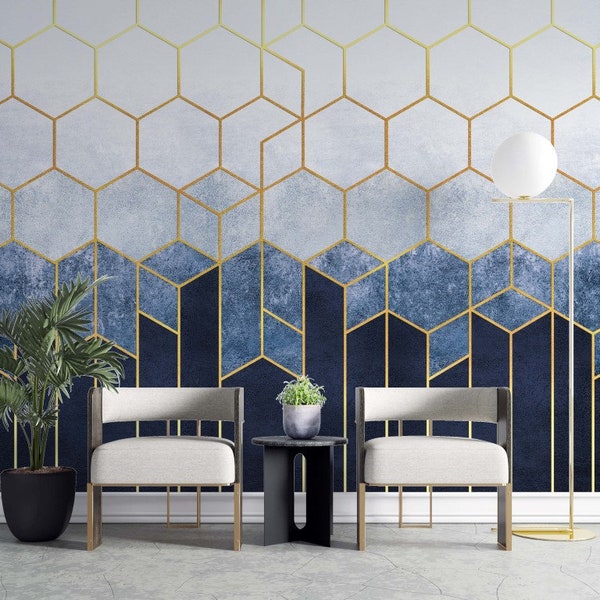 Hexagon Pattern Wallpaper / Blue Wallpaper / Gray Abstract Wallpaper /  Peel & Stick Wallpaper / Removable Wallpaper