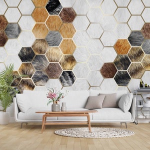 Papier peint à motif fourrure, formes hexagonales, décoration murale géométrique, décoration murale autocollante