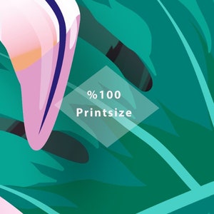 May include: A close-up of a pink and blue tropical leaf design with a white diamond shape in the center that says "100% Printsize".