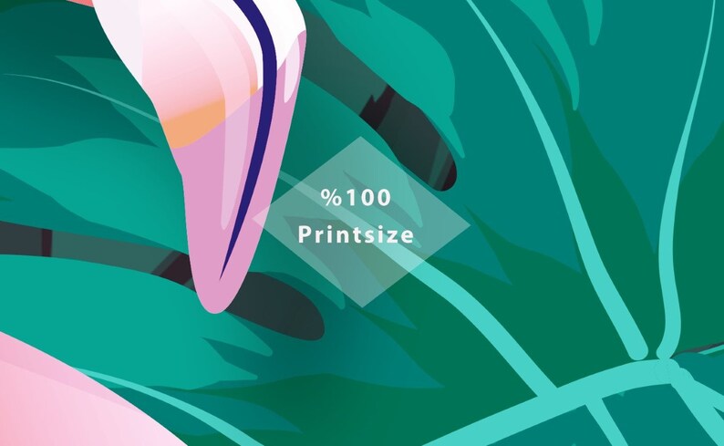 May include: A close-up of a pink and blue tropical leaf design with a white diamond shape in the center that says "100% Printsize".