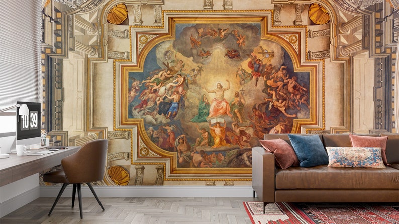 K&ouml;nnte beinhalten: Ein farbenfrohes Wandbild, das eine religi&ouml;se Szene mit Figuren in den Wolken und einer zentralen Figur, die ein Buch h&auml;lt, darstellt. Das Wandbild ist auf einer Decke mit verzierten goldenen Verzierungen gemalt.