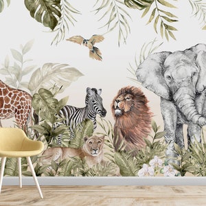 Safari Animals Wallpaper / Wild Wallpaper / Lion Wallpaper /  Elephant Wallpaper / Giraffe Wallpaper /  Peel & Stick Wallpaper