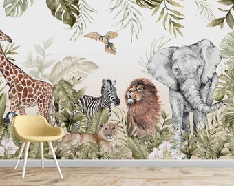 Safari Animals Wallpaper / Wild Wallpaper / Lion Wallpaper /  Elephant Wallpaper / Giraffe Wallpaper /  Peel & Stick Wallpaper