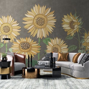 Carta da parati con girasoli, famiglia di margherite, decorazione murale da staccare e attaccare, arti visive