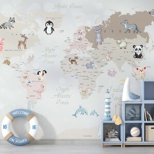 Animals Wallpaper / Countries Wallpaper / World Map Wallpaper /  Peel & Stick Wallpaper / Removable / Wall Decoration / Removable