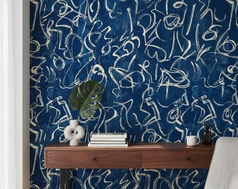 Abstract Blue Wallpaper Brushstroke Removable Peel And Stick Geometric Wall Double Roll