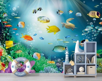 Papel tapiz submarino / Papel tapiz de animales del océano / Papel tapiz de peces / Papel tapiz con apariencia 3D / Papel tapiz autoadhesivo / Decoración de pared