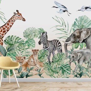 Carta da parati per bambini staccabile e attaccabile / Carta da parati per bambini in età prescolare / Carta da parati con animali da safari / Carta da parati murale con animali selvatici